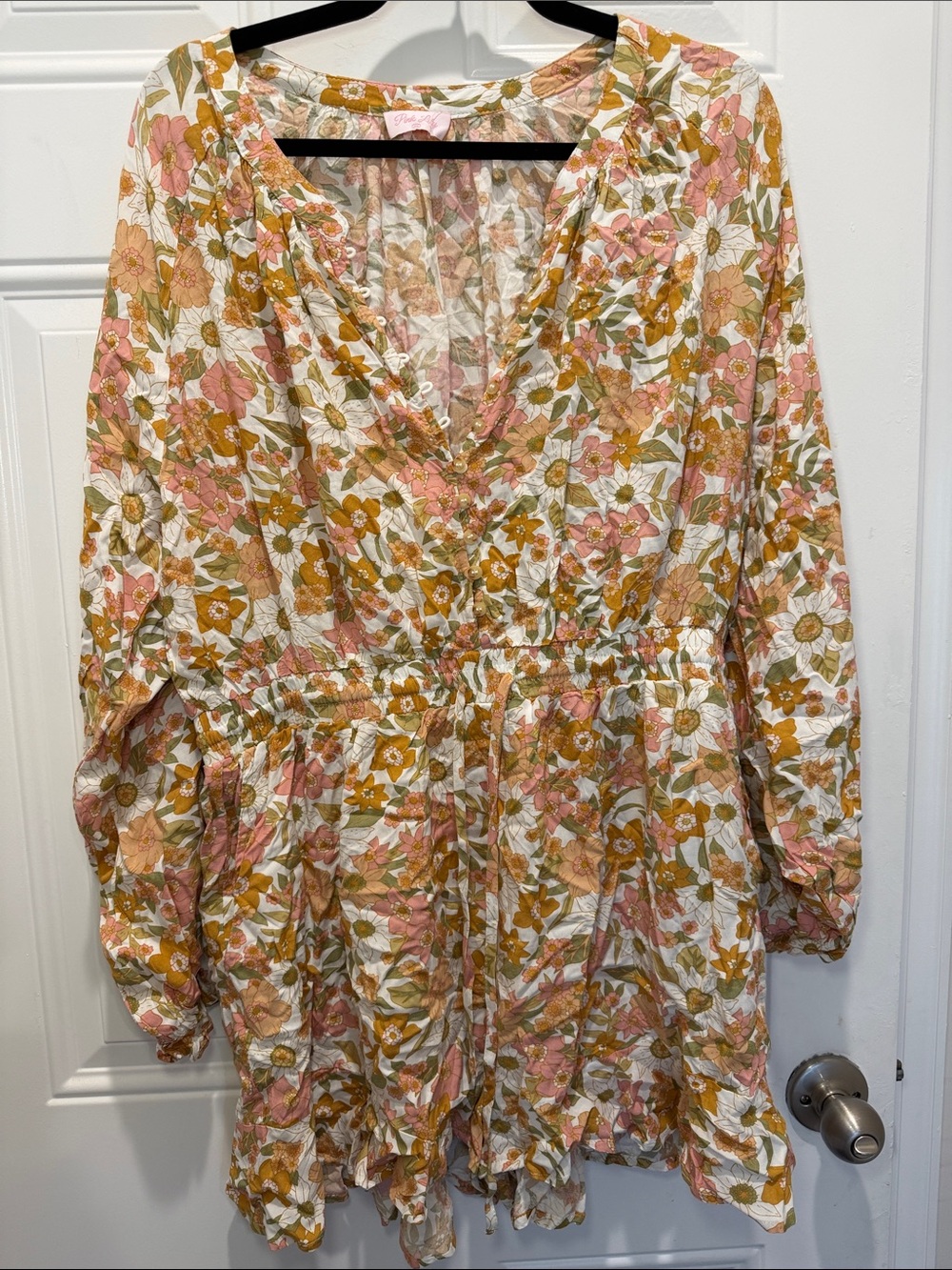 Pink Lily Floral V-Neck Long Sleeve Romper in Pink, Mustard & Cream